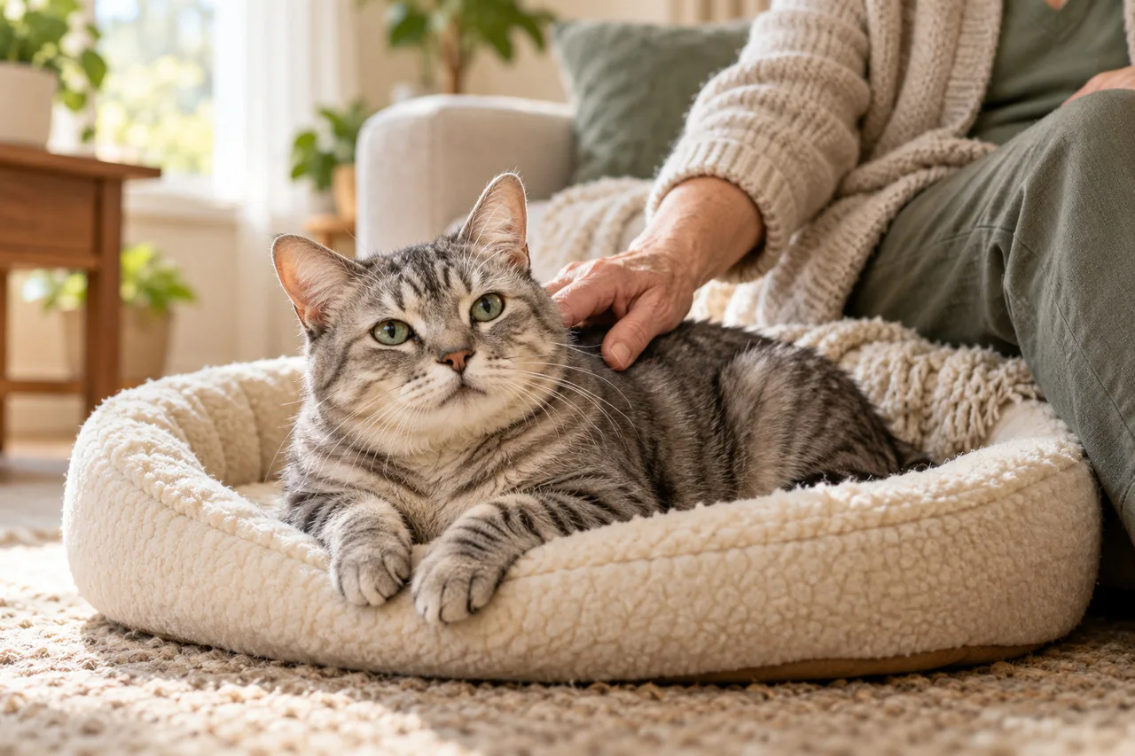 Tabby cat resting on a cushion beside its owner