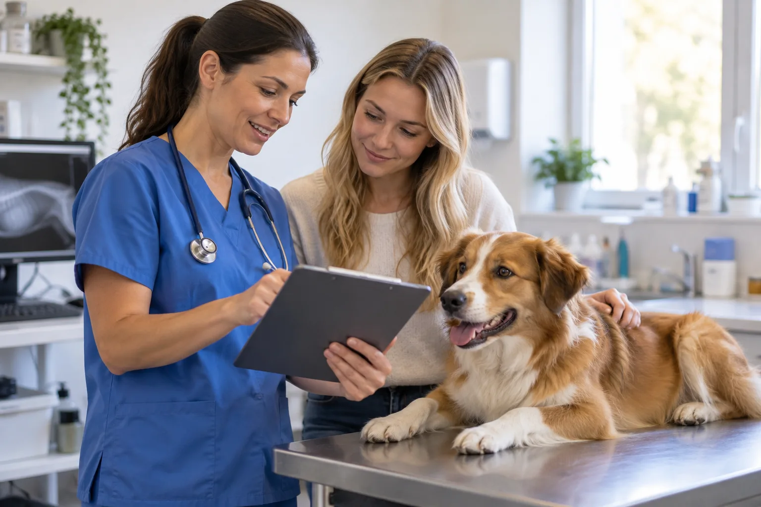 Veterinarian and owner reviewing a dog’s visit